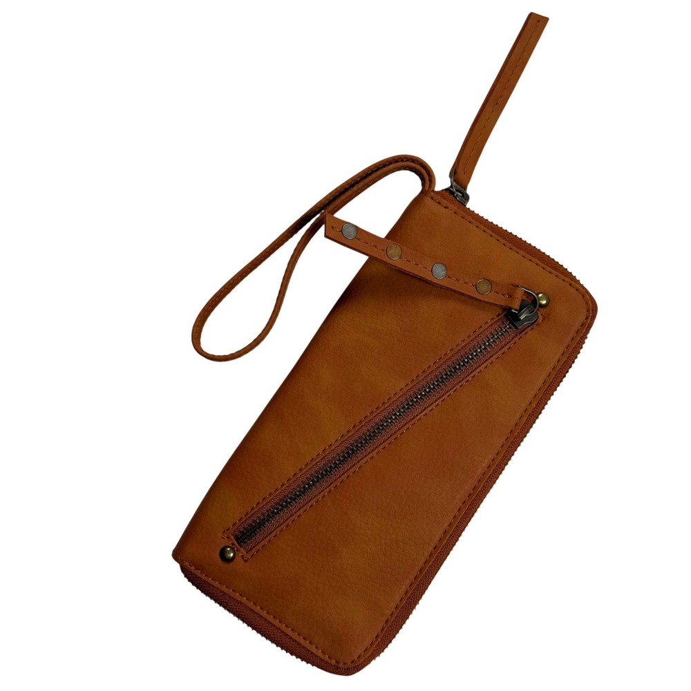 Free People Distressed Vegan Wallet Womens OS Cognac Brown Leather Wristlet